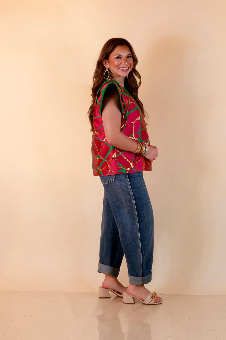 Turning Heads Metallic Jacquard Ruffle Cap Sleeve Split Neck Top with Contrast Trim in Hot Pink and Green