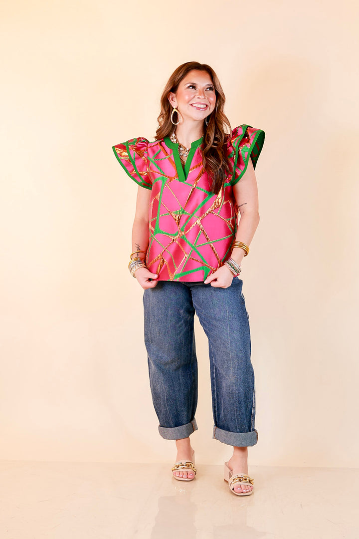 Turning Heads Metallic Jacquard Ruffle Cap Sleeve Split Neck Top with Contrast Trim in Hot Pink and Green