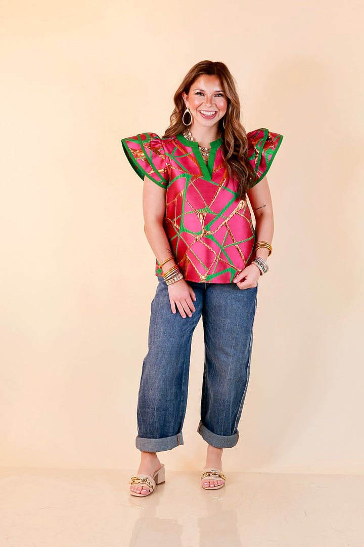 Turning Heads Metallic Jacquard Ruffle Cap Sleeve Split Neck Top with Contrast Trim in Hot Pink and Green