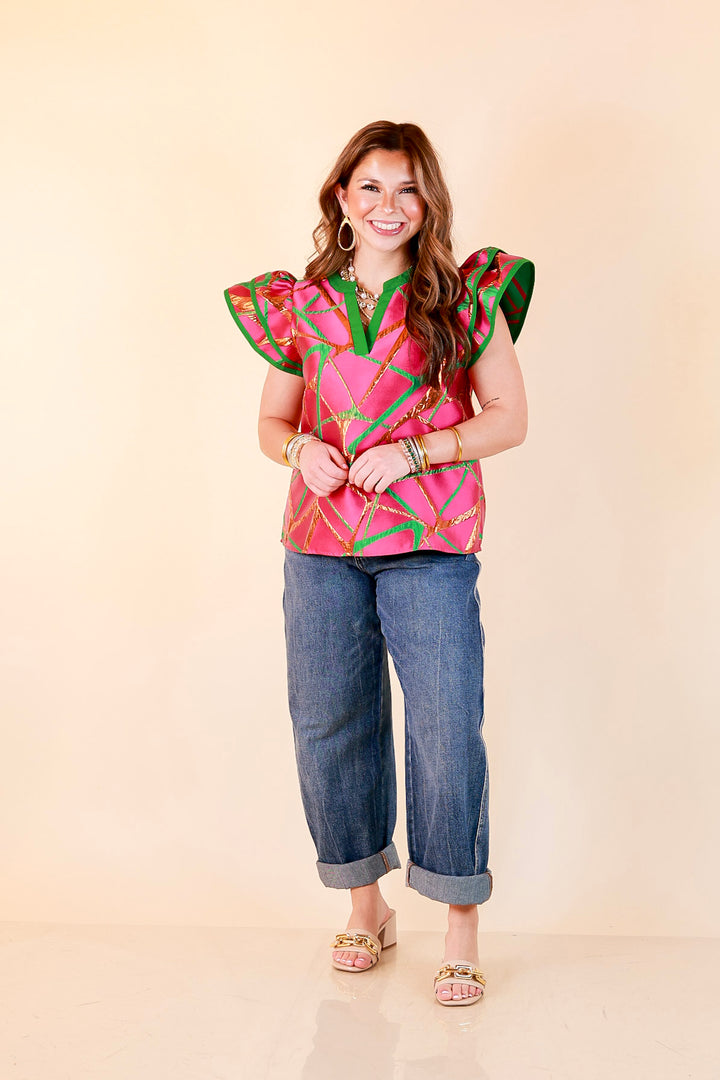 Turning Heads Metallic Jacquard Ruffle Cap Sleeve Split Neck Top with Contrast Trim in Hot Pink and Green
