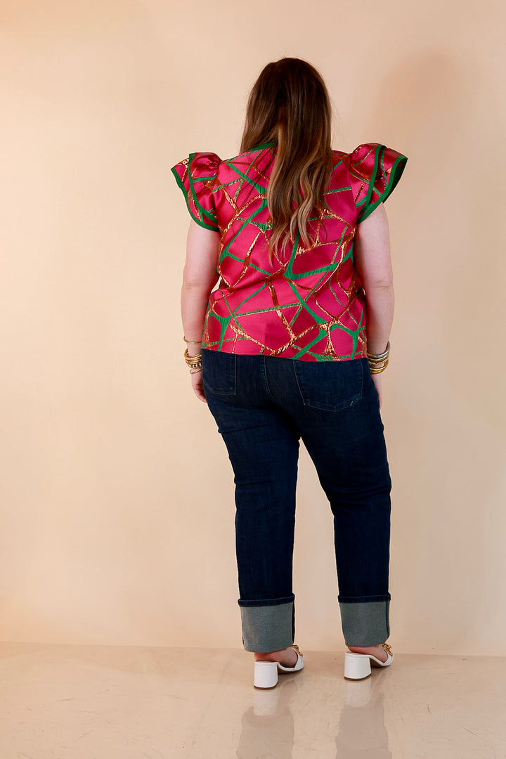 Turning Heads Metallic Jacquard Ruffle Cap Sleeve Split Neck Top with Contrast Trim in Hot Pink and Green