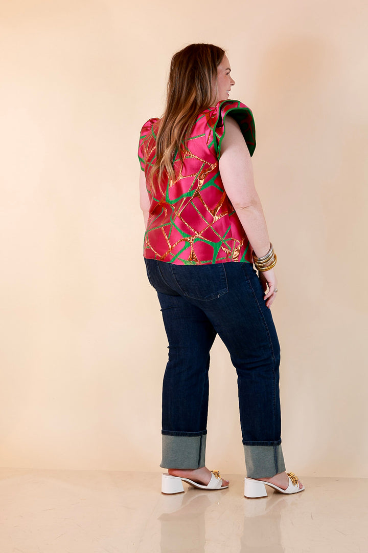 Turning Heads Metallic Jacquard Ruffle Cap Sleeve Split Neck Top with Contrast Trim in Hot Pink and Green