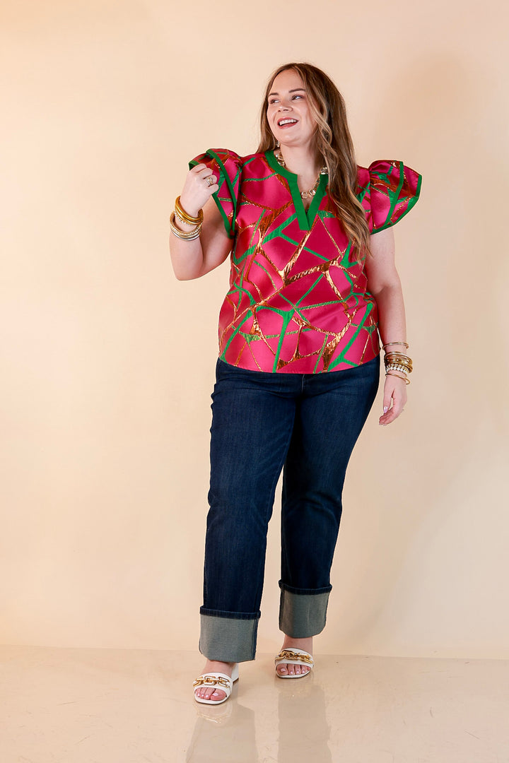 Turning Heads Metallic Jacquard Ruffle Cap Sleeve Split Neck Top with Contrast Trim in Hot Pink and Green
