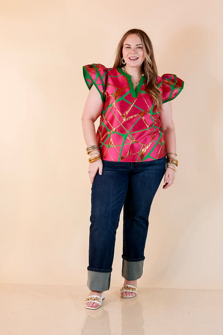 Turning Heads Metallic Jacquard Ruffle Cap Sleeve Split Neck Top with Contrast Trim in Hot Pink and Green