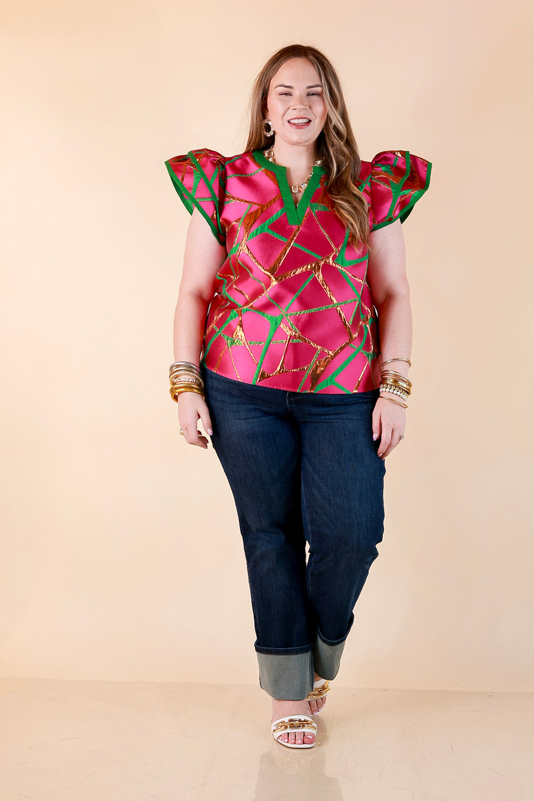 Turning Heads Metallic Jacquard Ruffle Cap Sleeve Split Neck Top with Contrast Trim in Hot Pink and Green