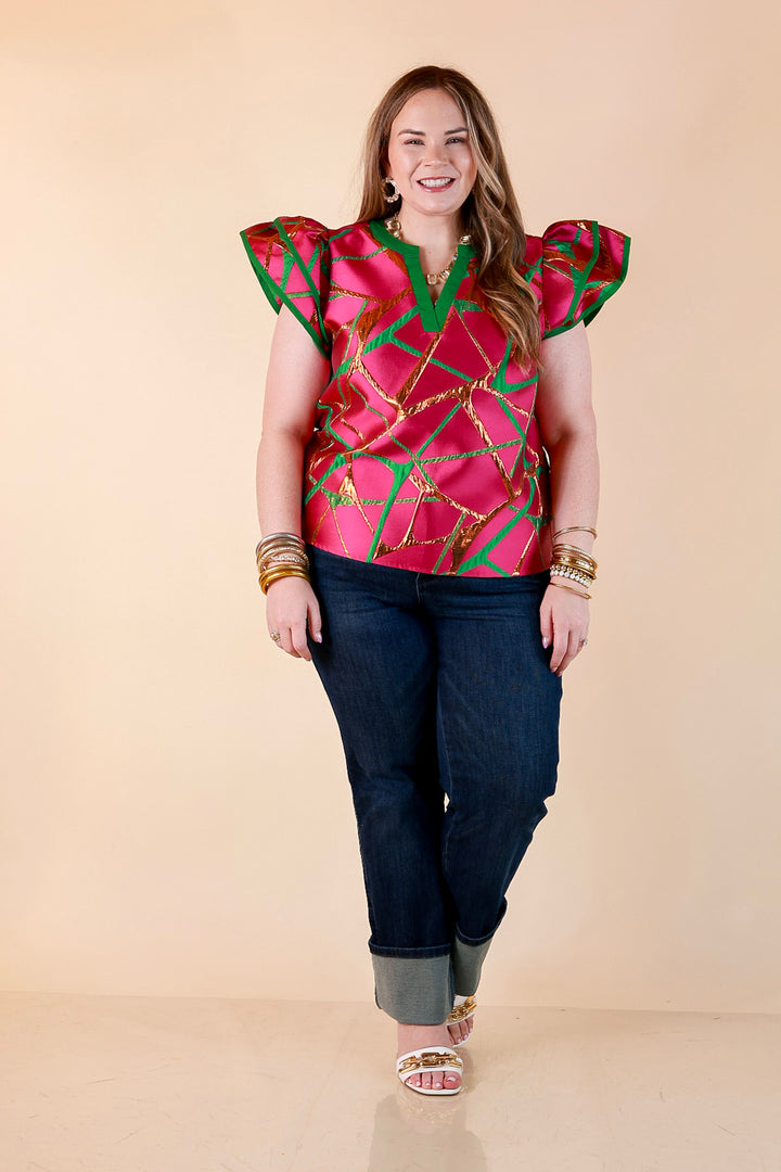 Turning Heads Metallic Jacquard Ruffle Cap Sleeve Split Neck Top with Contrast Trim in Hot Pink and Green