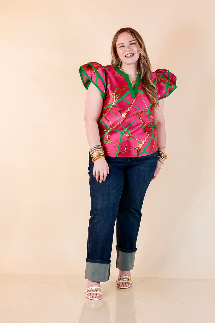 Turning Heads Metallic Jacquard Ruffle Cap Sleeve Split Neck Top with Contrast Trim in Hot Pink and Green