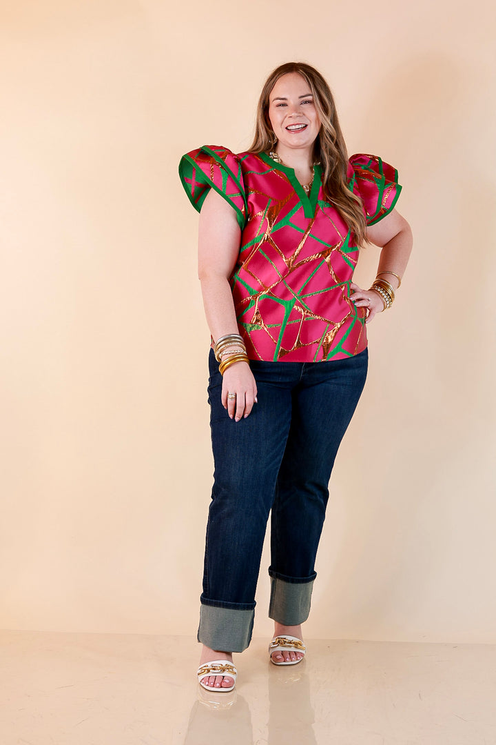 Turning Heads Metallic Jacquard Ruffle Cap Sleeve Split Neck Top with Contrast Trim in Hot Pink and Green