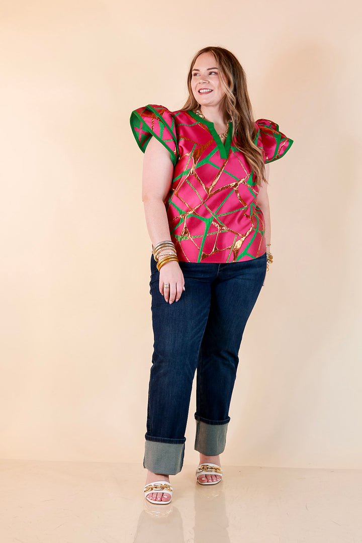 Turning Heads Metallic Jacquard Ruffle Cap Sleeve Split Neck Top with Contrast Trim in Hot Pink and Green