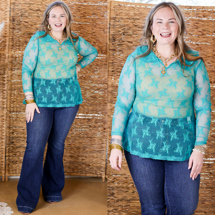 Pretty and Poised Floral Print Lace Top with Ruffle Collar in Turquoise Blue