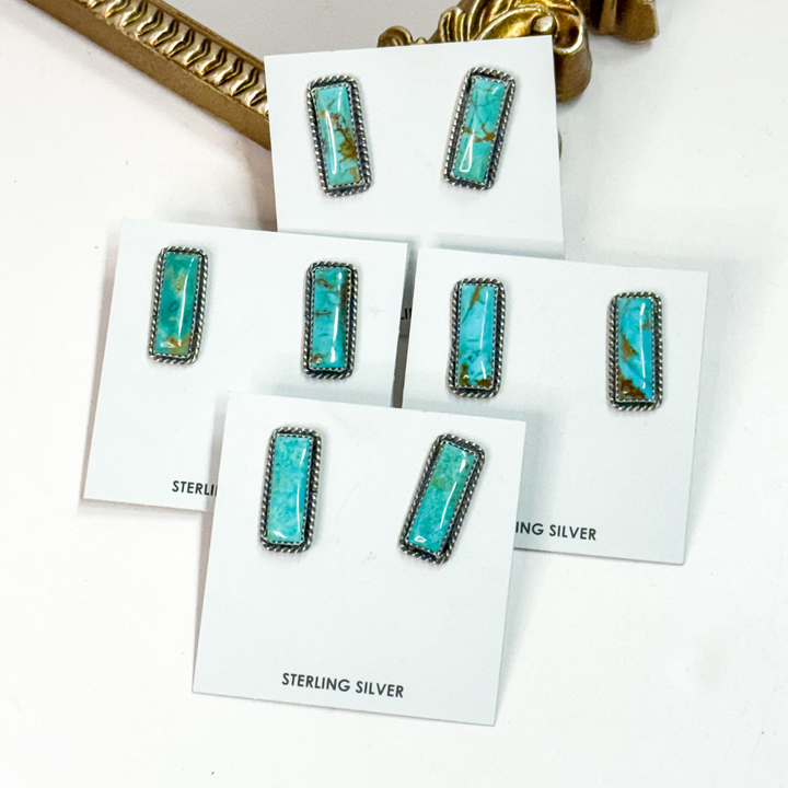 Genuine Navajo handmade sterling silver Kingman turquoise bar earrings by Native American artist Virginia Becent, turquoise stud earrings