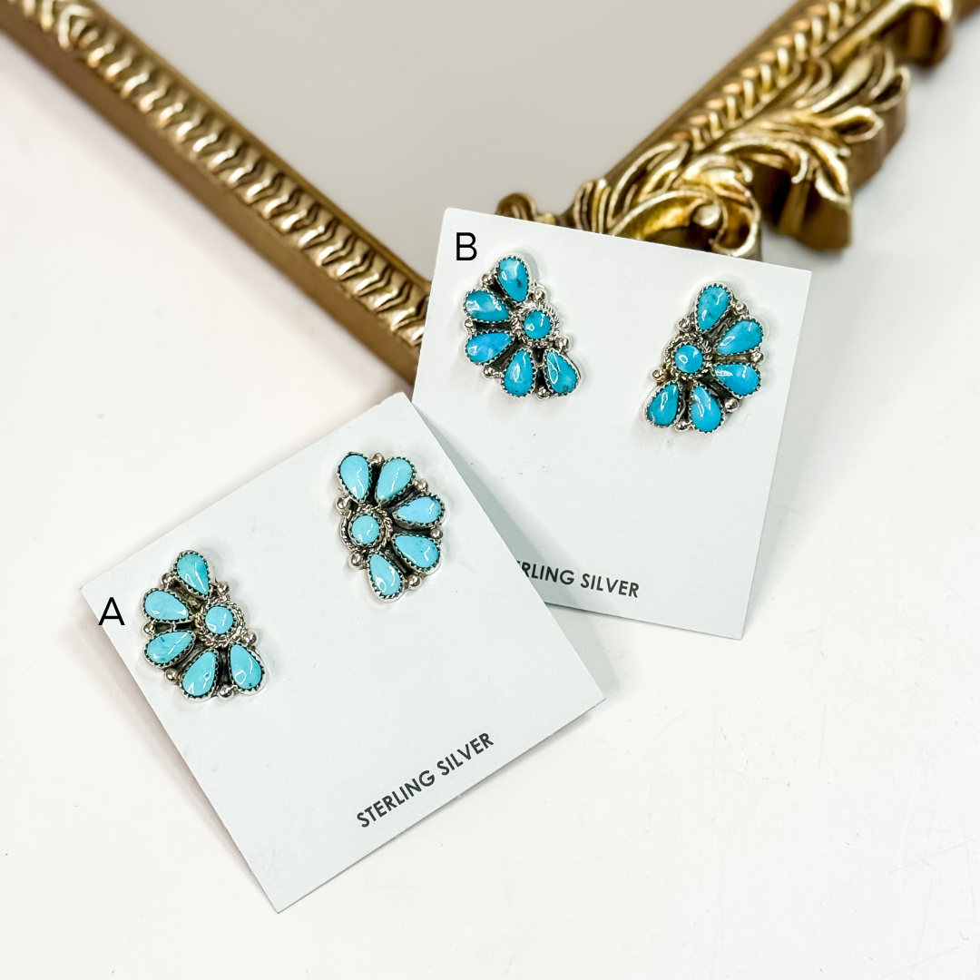 Zuni handmade sterling silver Kingman turquoise cluster earrings by Native American artist Alicia Wilson, turquoise cluster stud earrings