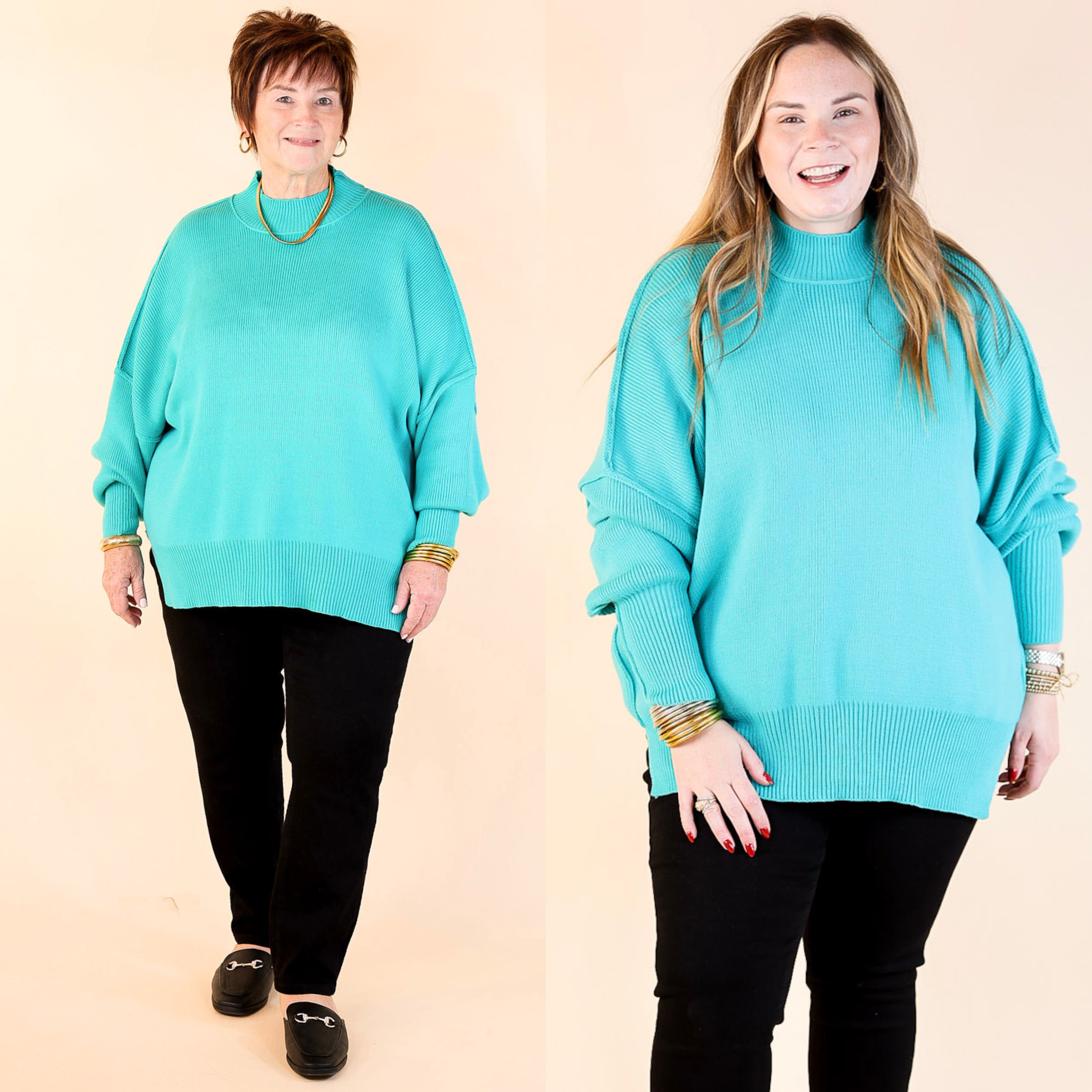 Snug and Stylish Mock Neck Sweater with Side Slit in Turquoise Blue