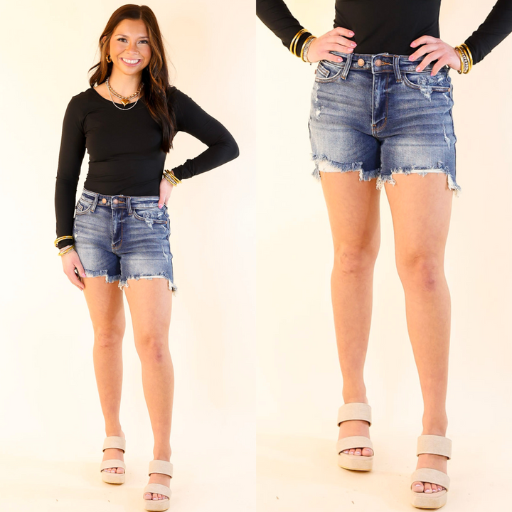 Judy Blue | Vacay Vibes Two Button Dad Shorts with Destroy in Medium Wash