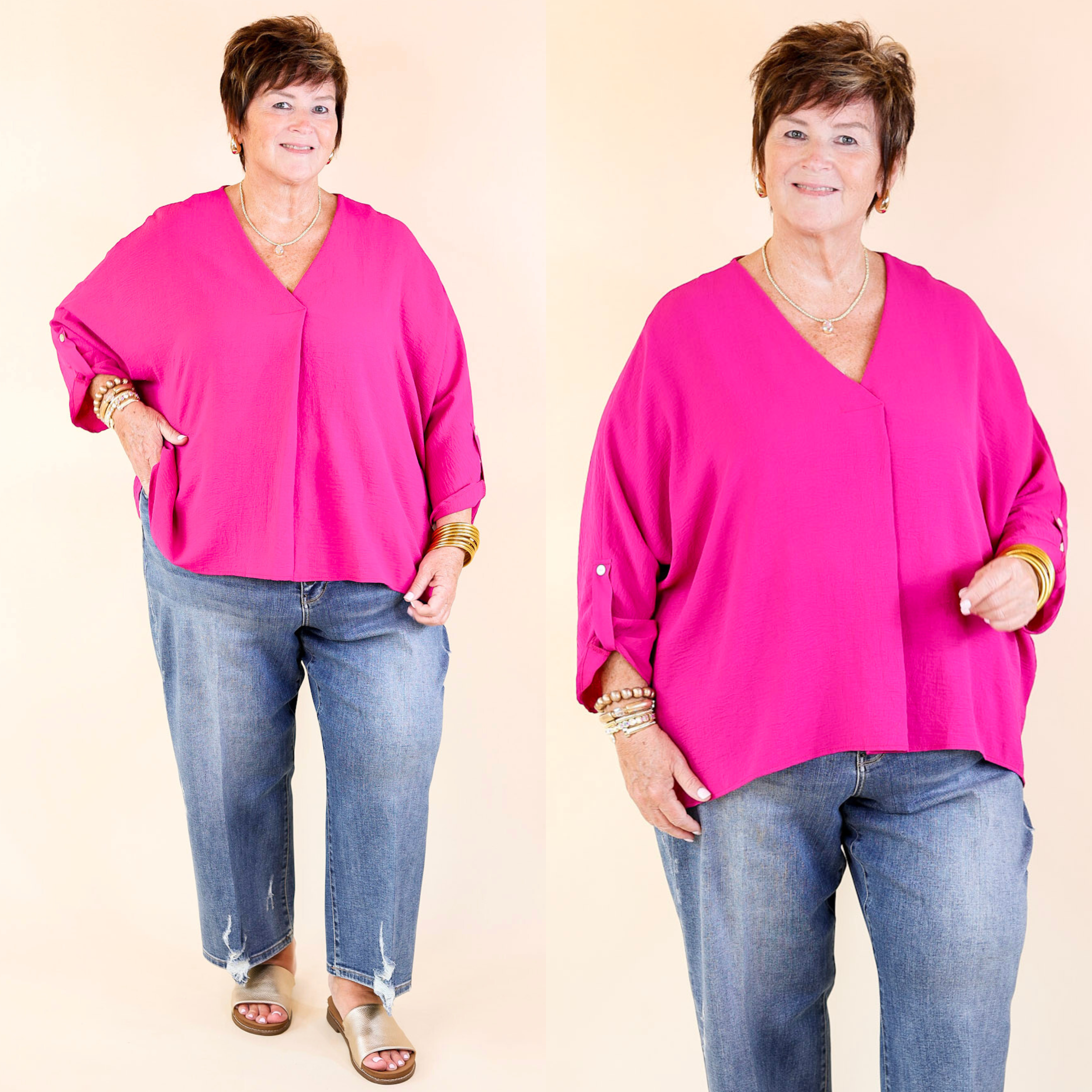 Weekend Out V Neck Placket 3/4 Sleeve Top in Magenta