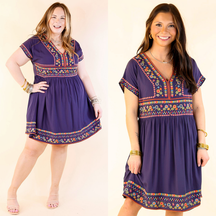 Passing Through V Neck Embroidered Dress with Short Sleeves in Navy Blue