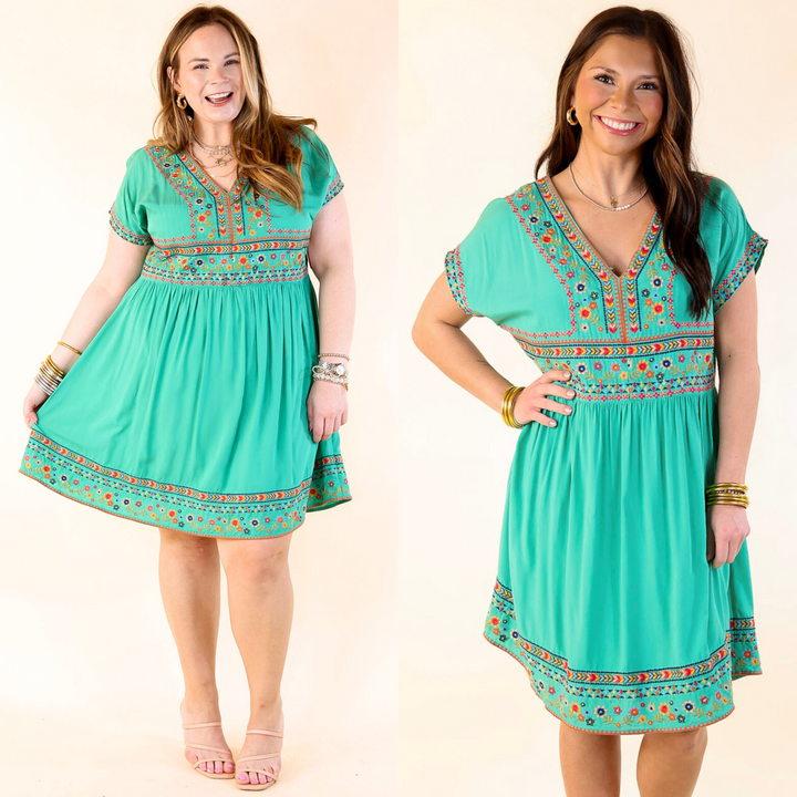 Passing Through V Neck Embroidered Dress with Short Sleeves in Mint Green
