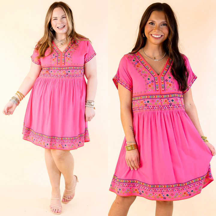 Passing Through V Neck Embroidered Dress with Short Sleeves in Pink