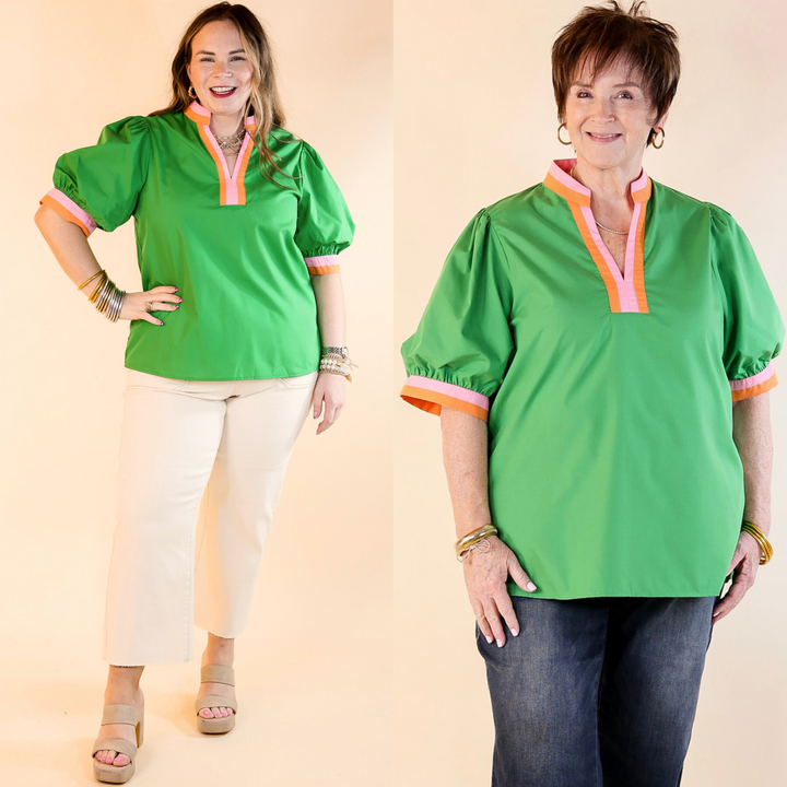 Standout Style V Neck Top with Short Balloon Sleeves in Green