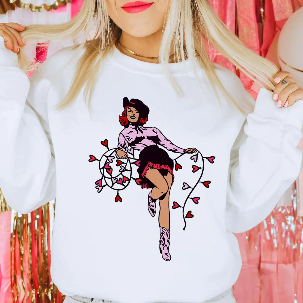 Online Exclusive | Valentine Cowgirl Long Sleeve Graphic Sweatshirt in White - Giddy Up Glamour Boutique