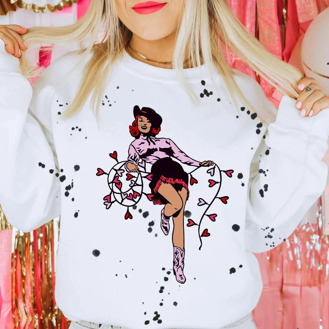 Online Exclusive | Valentine Cowgirl Long Sleeve Graphic Sweatshirt with Black Splatter Paint in White - Giddy Up Glamour Boutique
