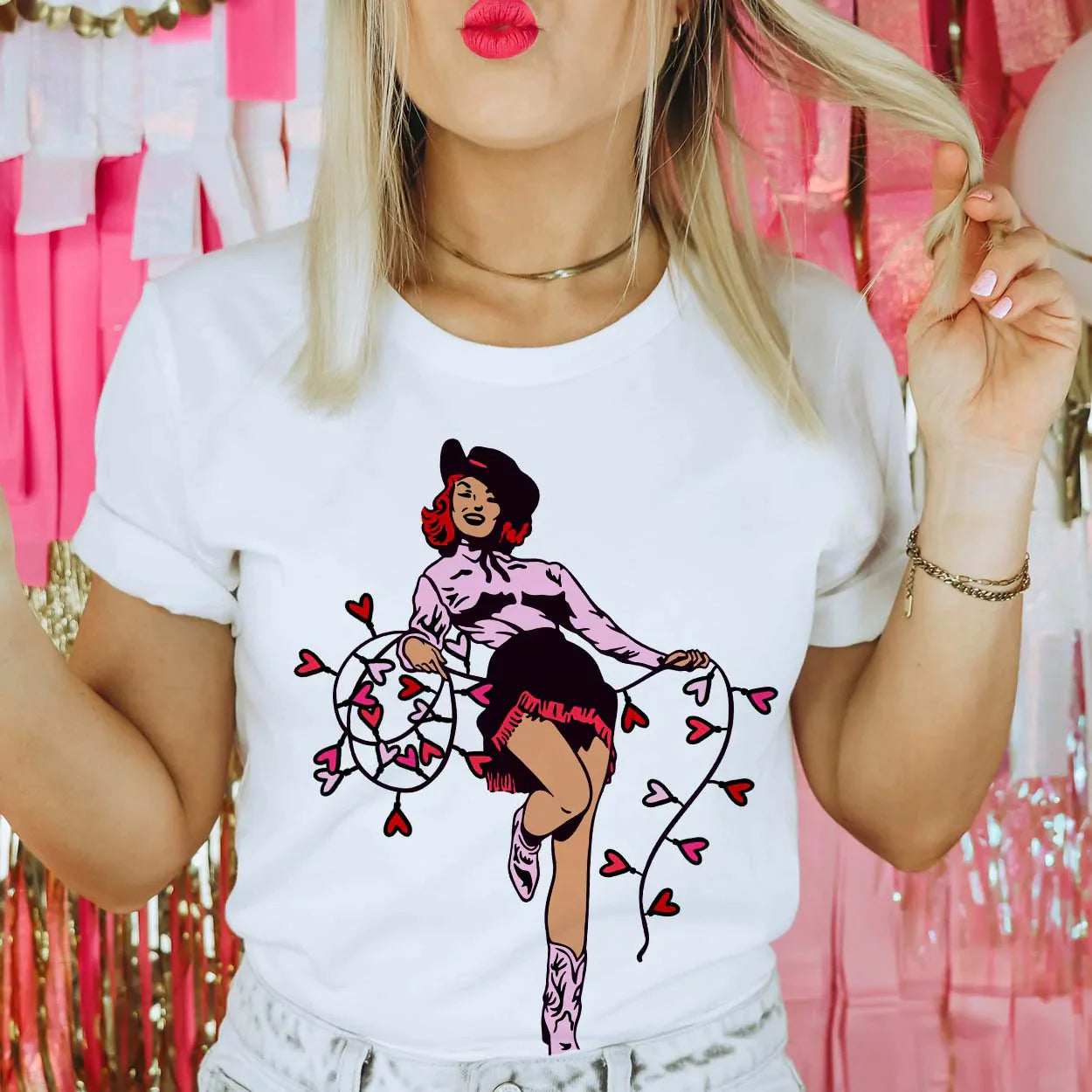 Online Exclusive | Valentine Cowgirl Short Sleeve Graphic Tee in White - Giddy Up Glamour Boutique