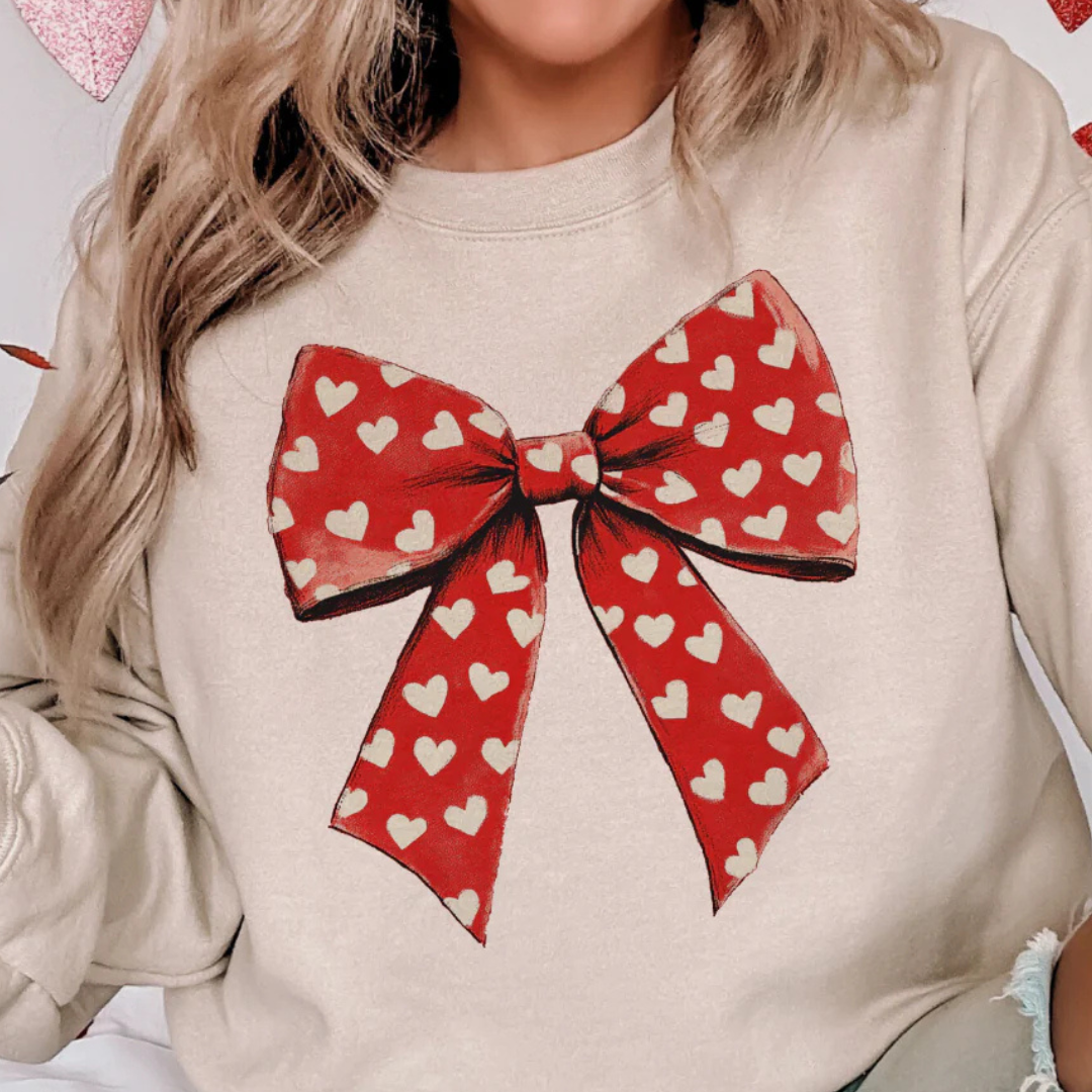 Online Exclusive | Valentine Big Red Bow with Hearts Graphic Sweatshirt in Cream