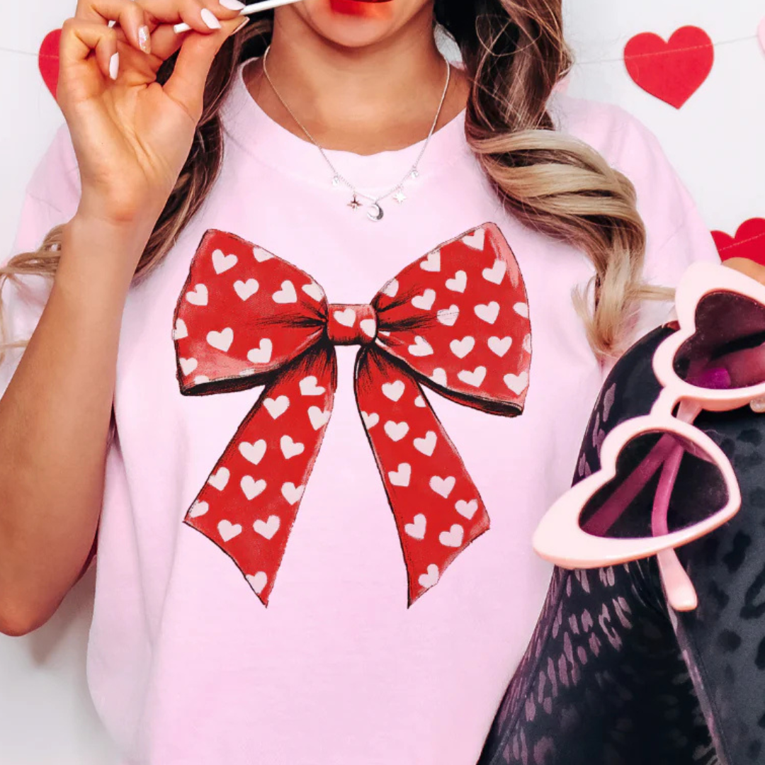 Online Exclusive | Valentine Big Red Bow with Hearts Graphic Tee in Pink