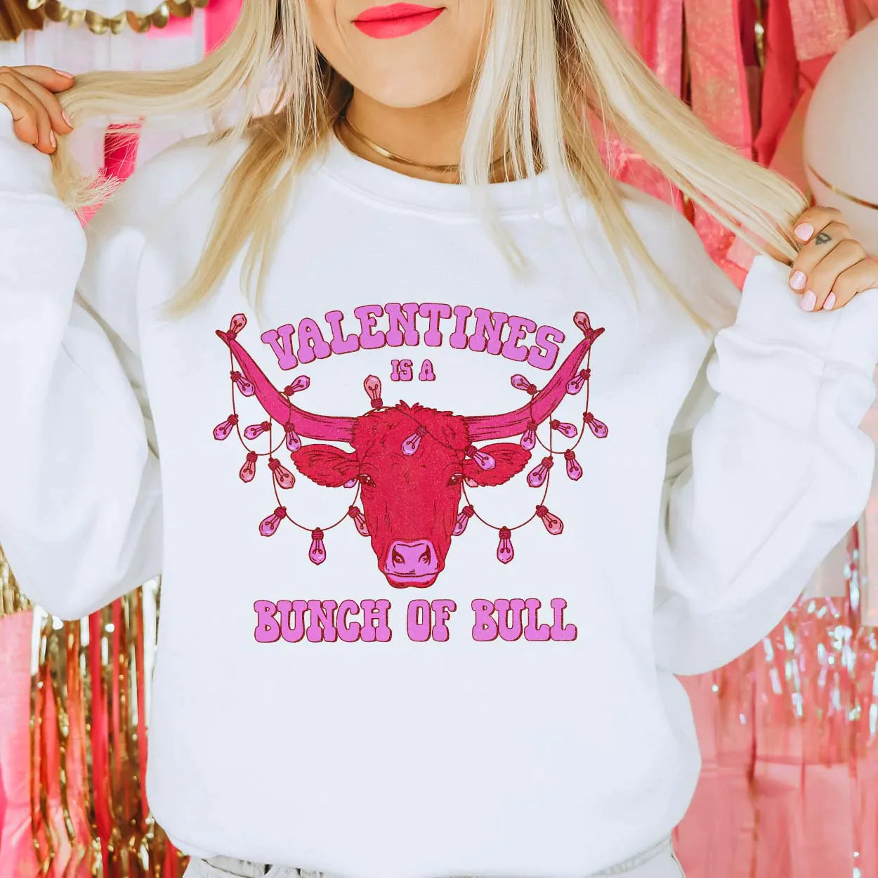 Online Exclusive | Valentines Is A Bunch Of Bull Long Sleeve Graphic Sweatshirt in White - Giddy Up Glamour Boutique