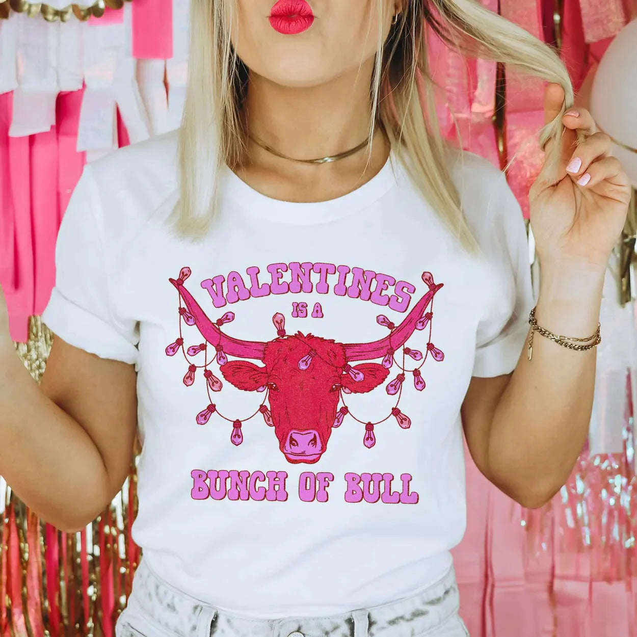 Online Exclusive | Valentines Is A Bunch Of Bull Short Sleeve Graphic Tee in White - Giddy Up Glamour Boutique