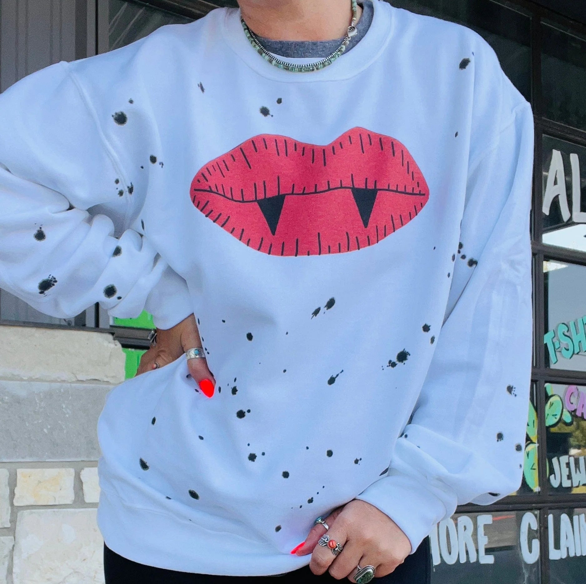 Online Exclusive | Vampire Lips Long Sleeve Graphic Sweatshirt in White - Giddy Up Glamour Boutique