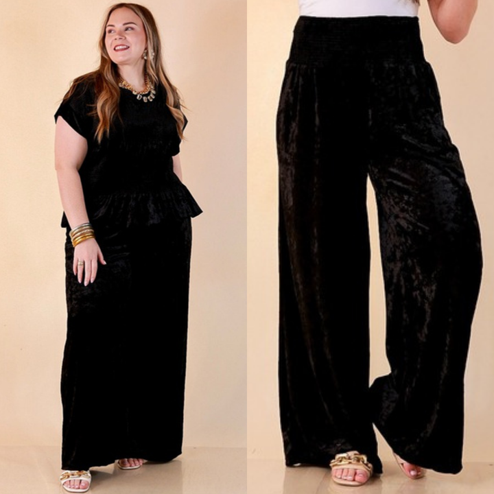 Two images of a woman wearing the Velvet Hour Smocked Waist Crushed Velvet Wide Leg Pants in Black on a beige background