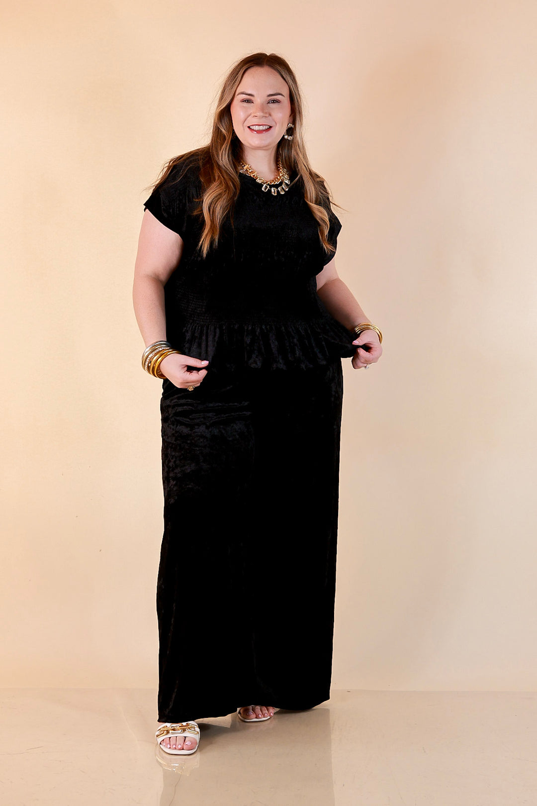 Velvet Hour Smocked Waist Crushed Velvet Wide Leg Pants in Black