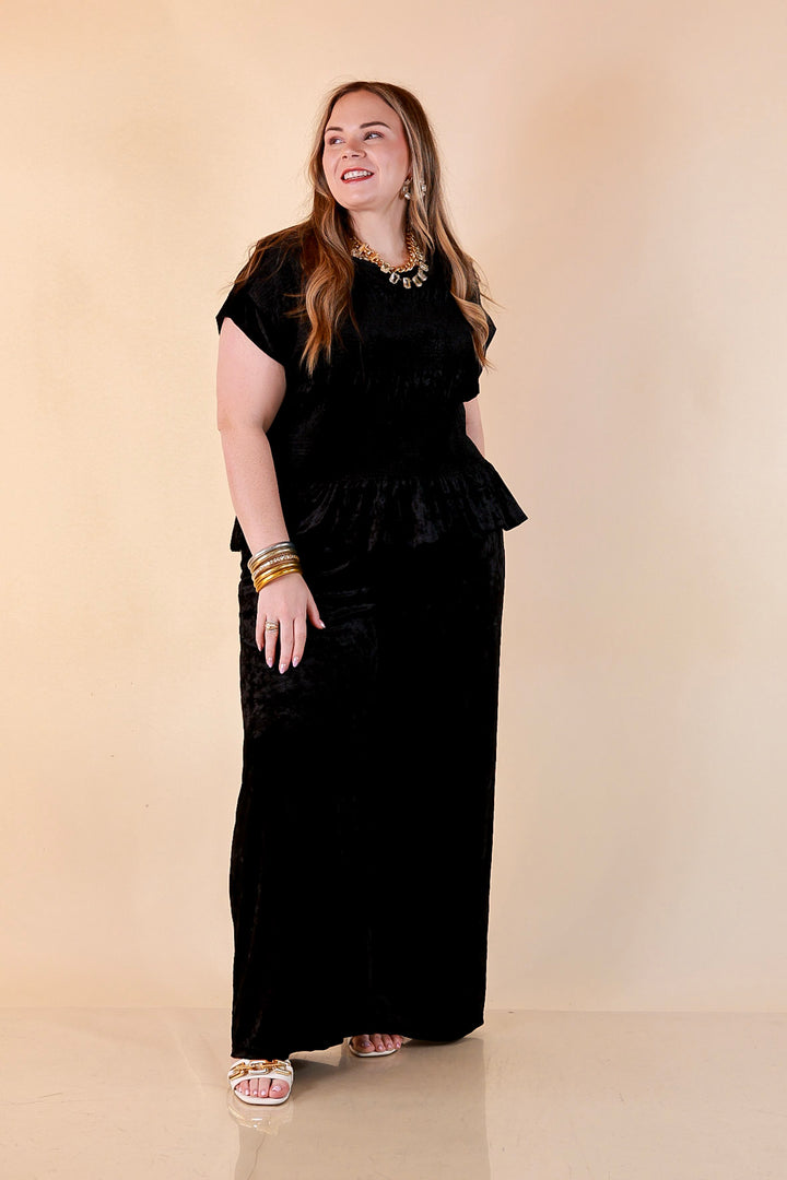 Velvet Hour Smocked Waist Crushed Velvet Wide Leg Pants in Black