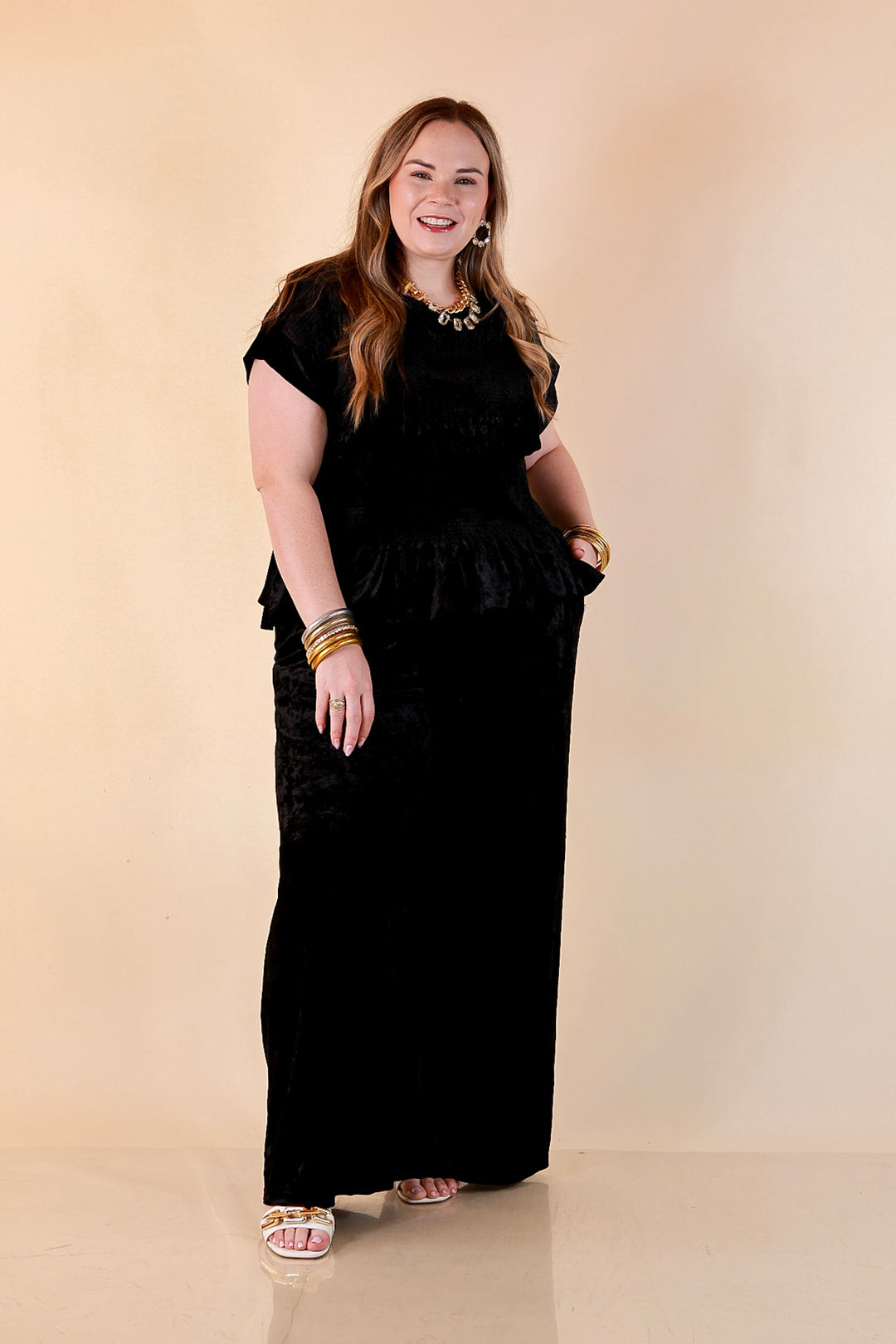 Velvet Hour Smocked Waist Crushed Velvet Wide Leg Pants in Black