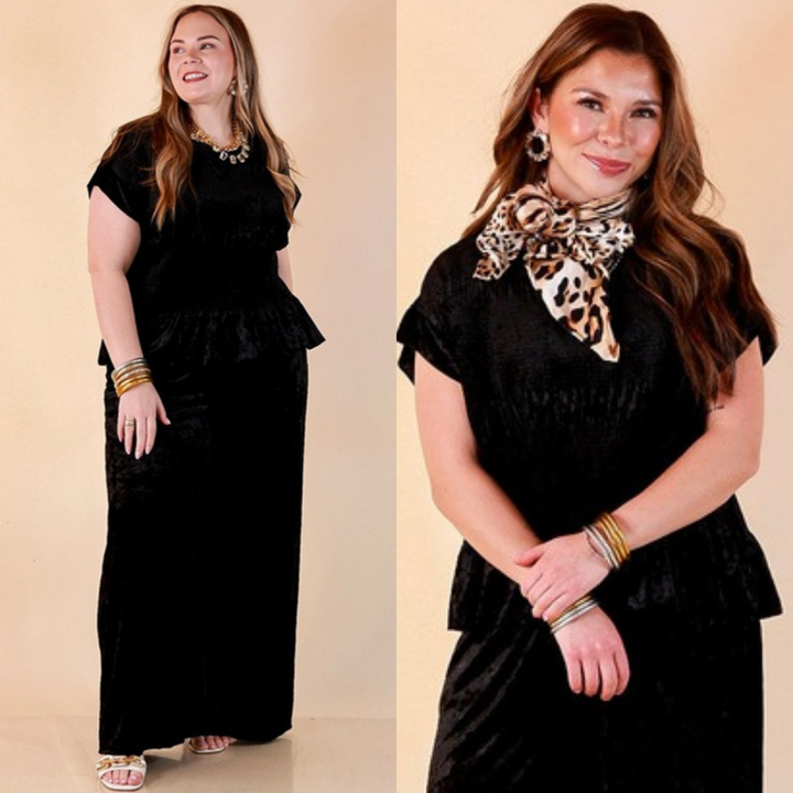 Two images of a woman wearing the Velvet Hour Smocked Crushed Velvet Cap Sleeve Peplum Top in Black on a beige background
