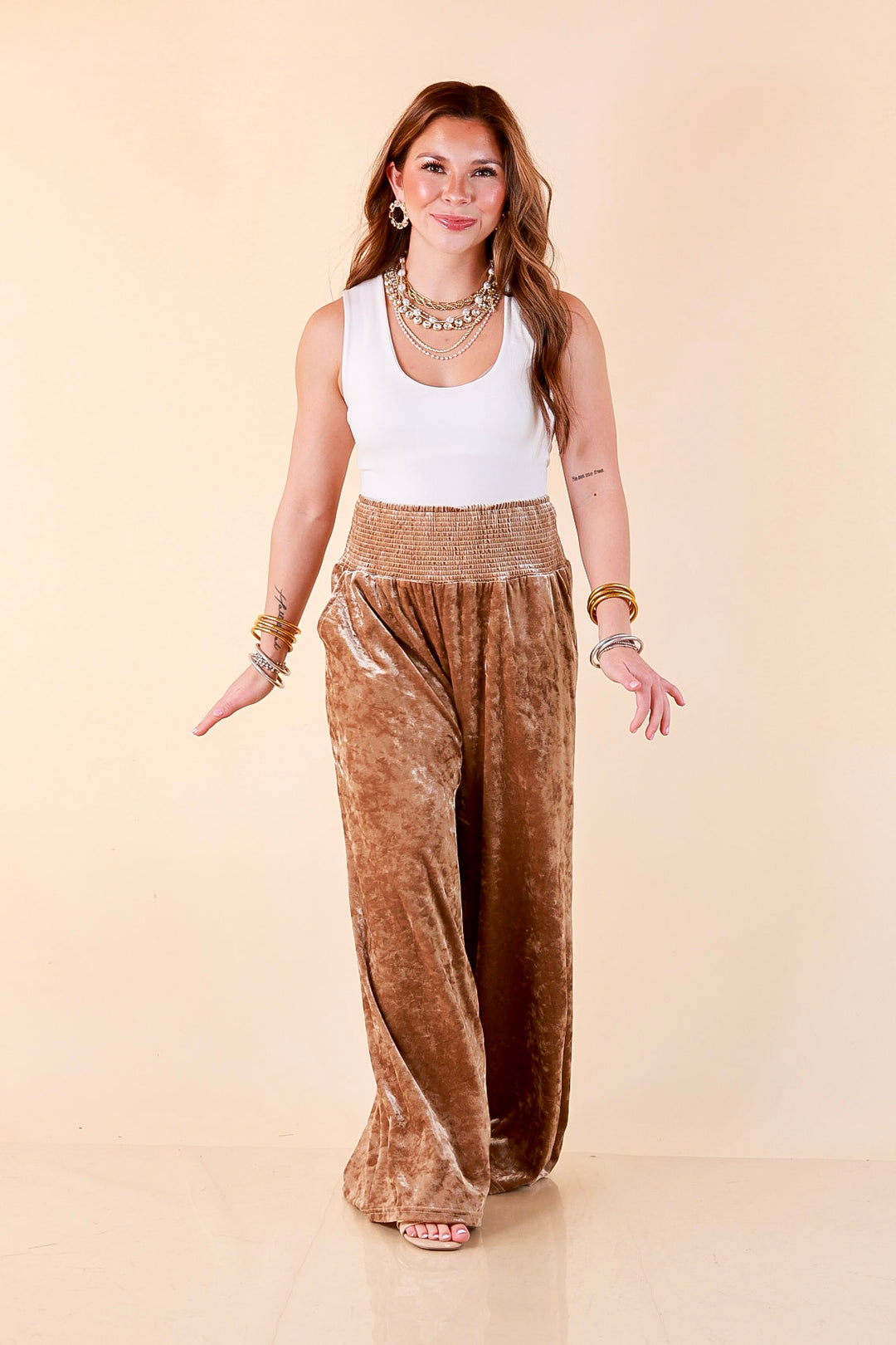 Velvet Hour Smocked Waist Crushed Velvet Wide Leg Pants in Champagne