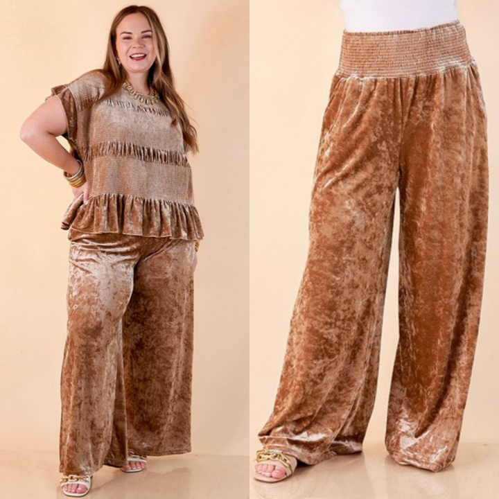 Two images of a woman wearing the Velvet Hour Smocked Waist Crushed Velvet Wide Leg Pants in Champagne on a beige background