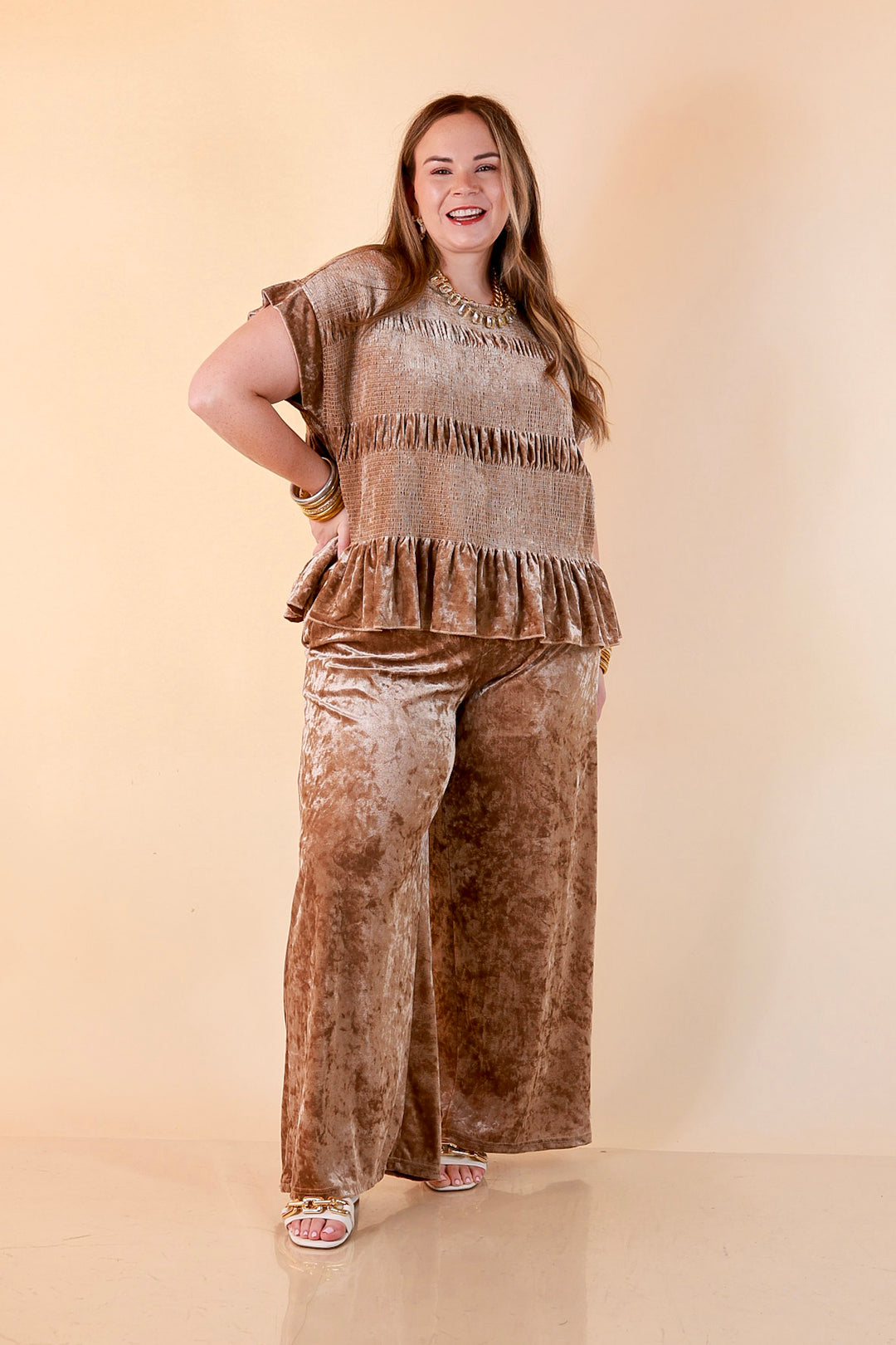 Velvet Hour Smocked Waist Crushed Velvet Wide Leg Pants in Champagne
