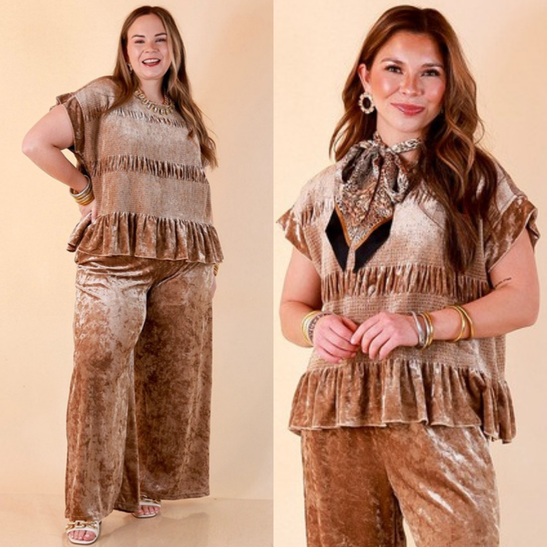 Two images of a woman wearing the Velvet Hour Smocked Crushed Velvet Cap Sleeve Peplum Top in Champagne on a beige background