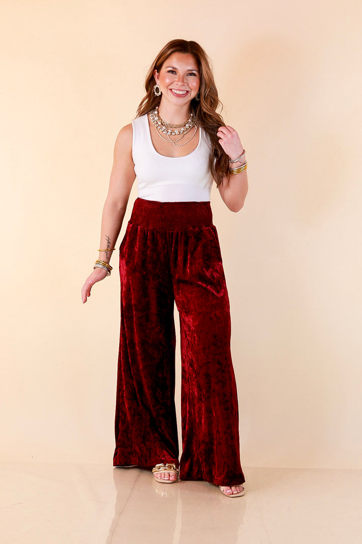 Velvet Hour Smocked Waist Crushed Velvet Wide Leg Pants in Maroon