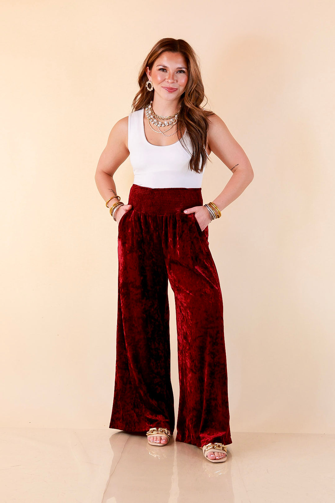 Velvet Hour Smocked Waist Crushed Velvet Wide Leg Pants in Maroon