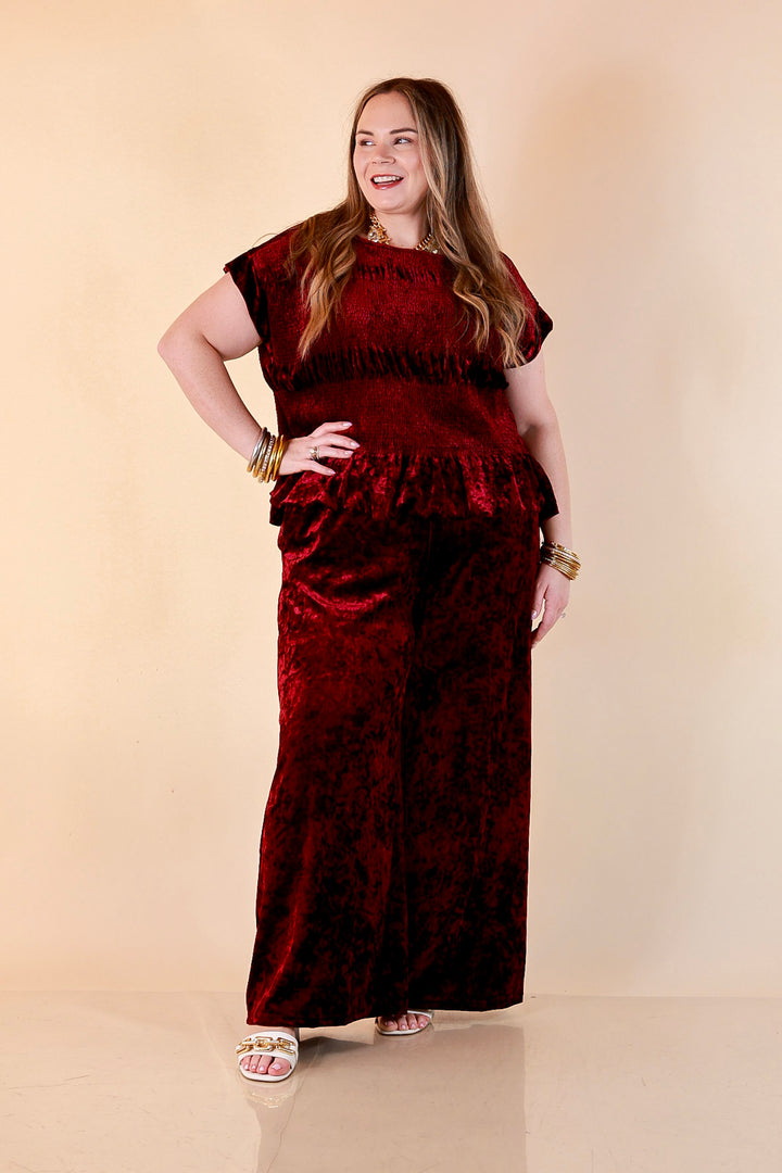 Velvet Hour Smocked Waist Crushed Velvet Wide Leg Pants in Maroon