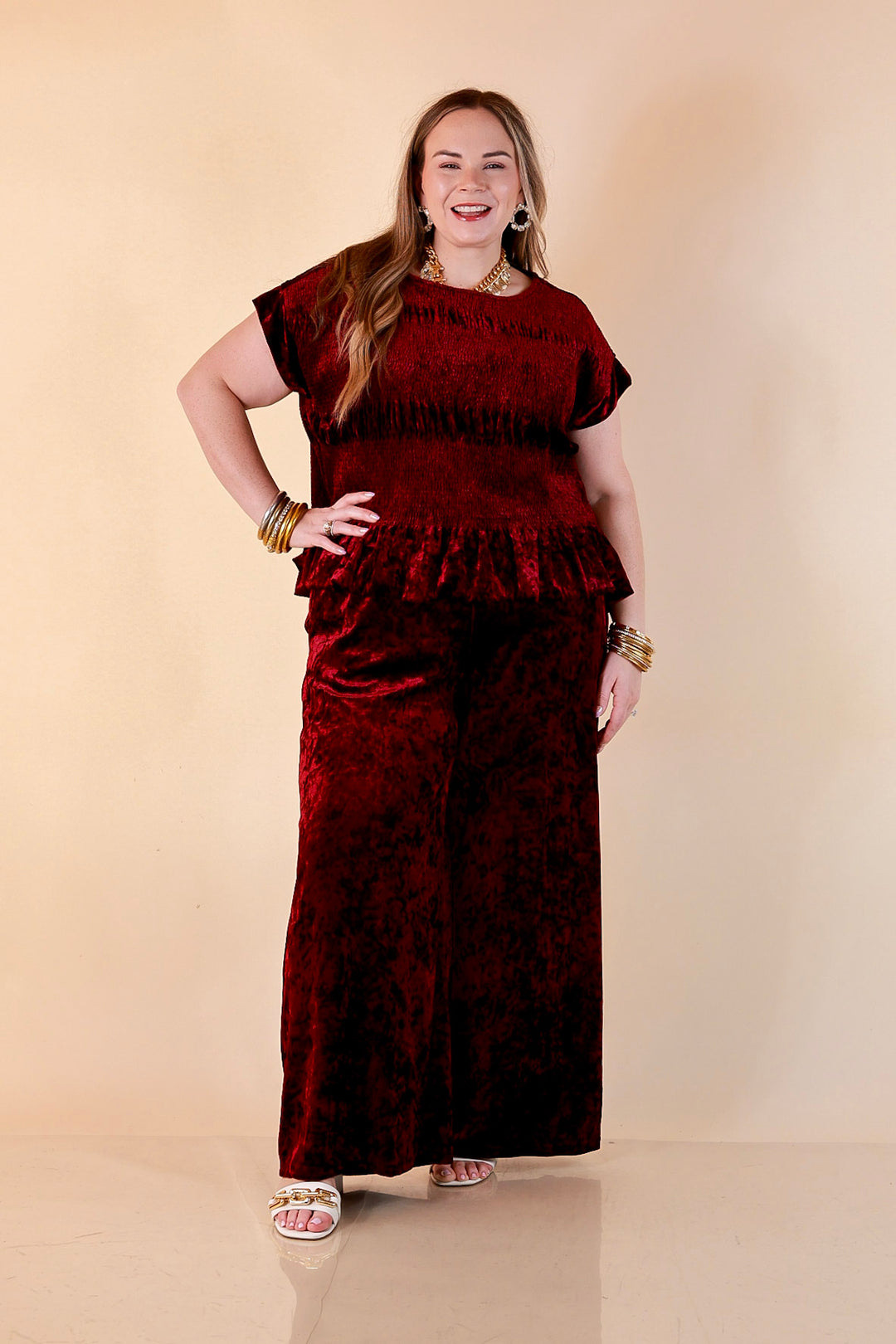 Velvet Hour Smocked Waist Crushed Velvet Wide Leg Pants in Maroon