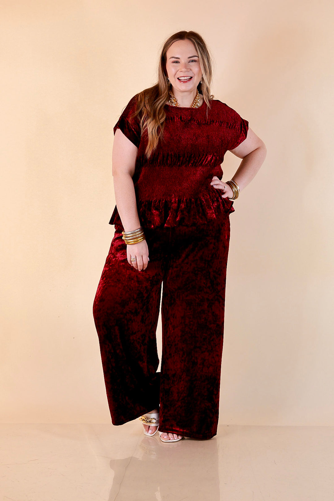 Velvet Hour Smocked Waist Crushed Velvet Wide Leg Pants in Maroon