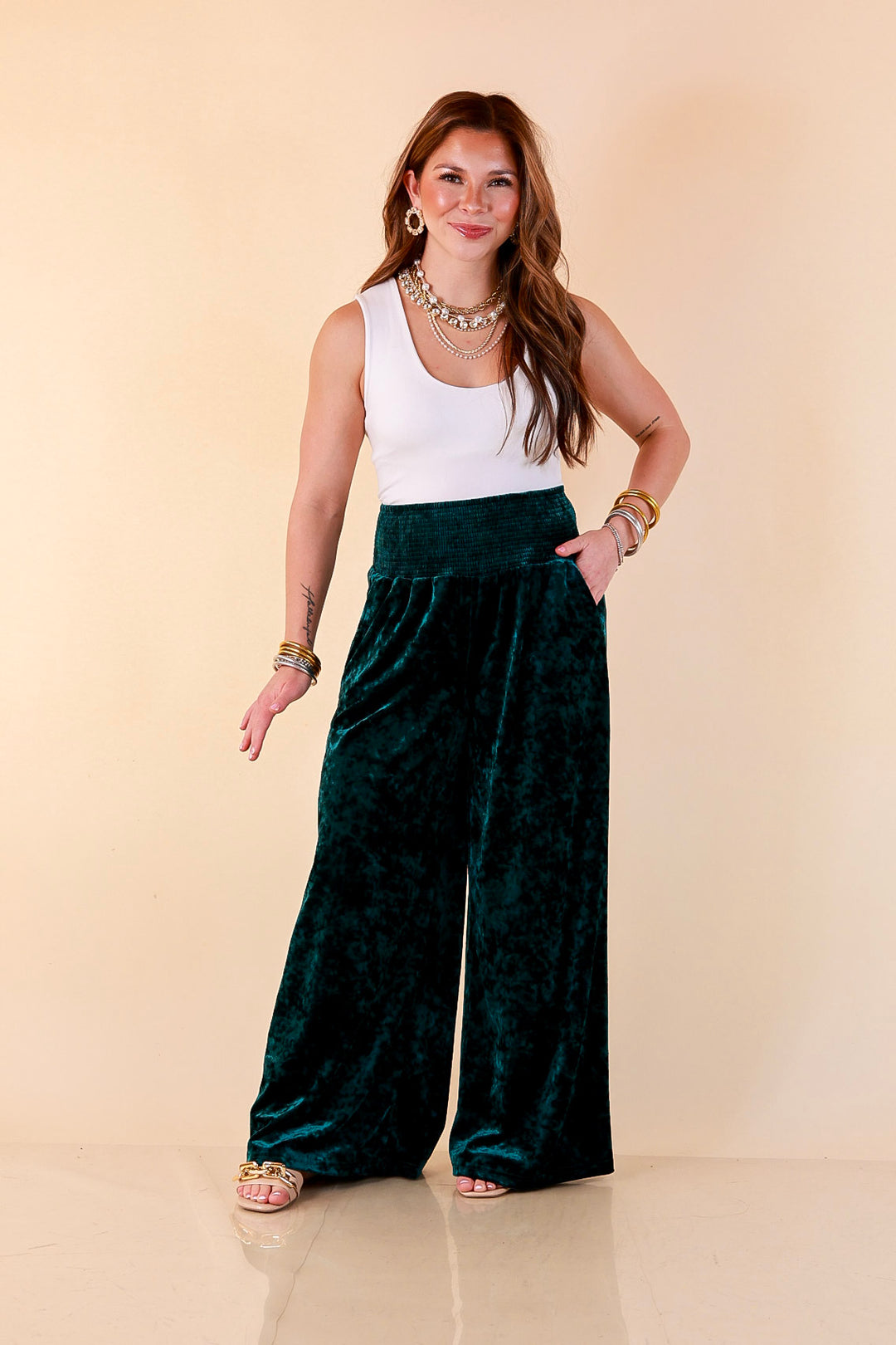 Velvet Hour Smocked Waist Crushed Velvet Wide Leg Pants in Teal