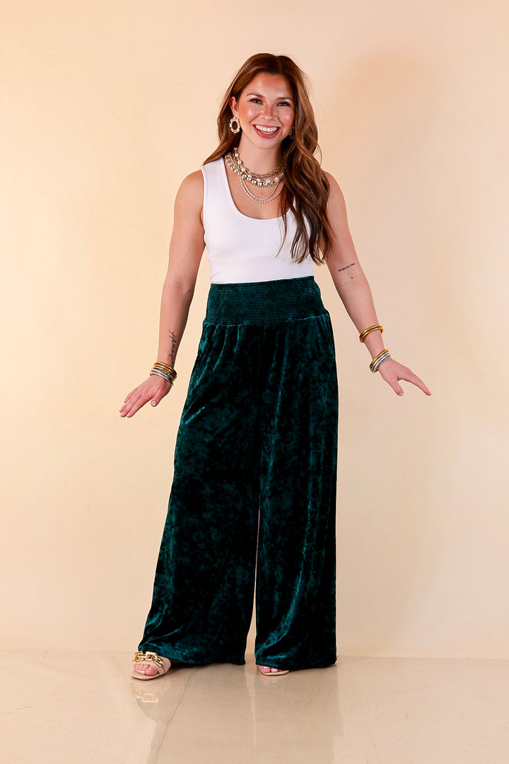 Velvet Hour Smocked Waist Crushed Velvet Wide Leg Pants in Teal