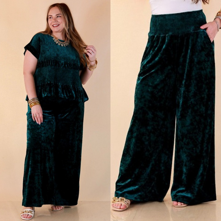 Two images of a woman wearing the Velvet Hour Smocked Waist Crushed Velvet Wide Leg Pants in Teal on a beige background