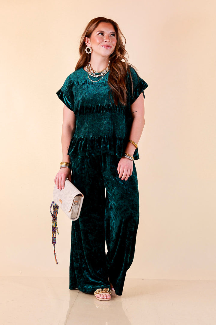 Velvet Hour Smocked Crushed Velvet Cap Sleeve Peplum Top in Teal