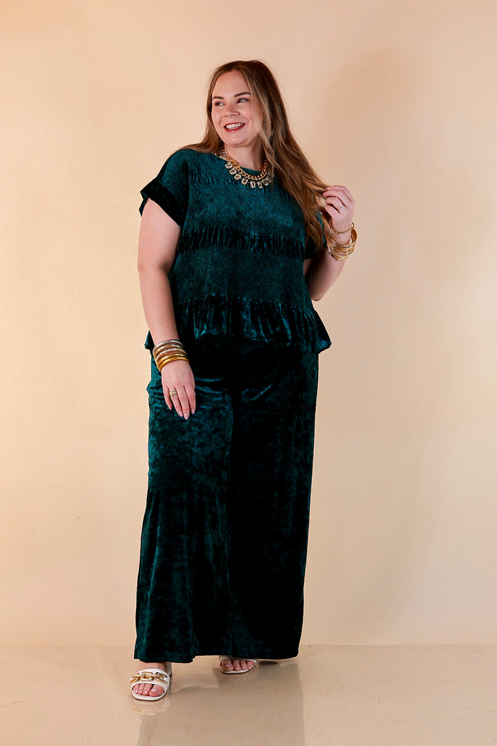 Velvet Hour Smocked Waist Crushed Velvet Wide Leg Pants in Teal